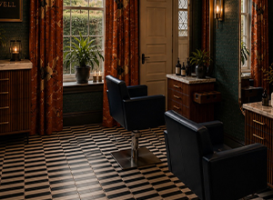- D.WELL Lancaster, PA Two black leather salon chairs face a window in a wellness community room featuring patterned tile floors, dark wood cabinets, and orange patterned curtains. - D.WELL Lancaster, PA