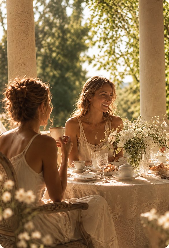 - D.WELL Lancaster, PA Two women in white dresses enjoying a moment of self-care at an outdoor table with tea and a bouquet of white flowers. - D.WELL Lancaster, PA